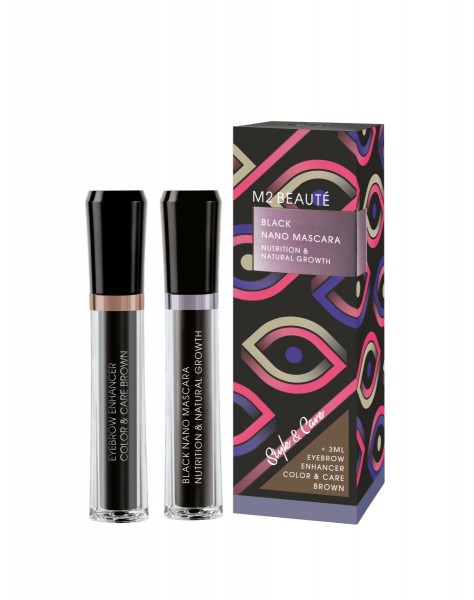 M2 Beauté Black Nano Mascara & Eyebrow Enhancer BROWN Set Style & Care